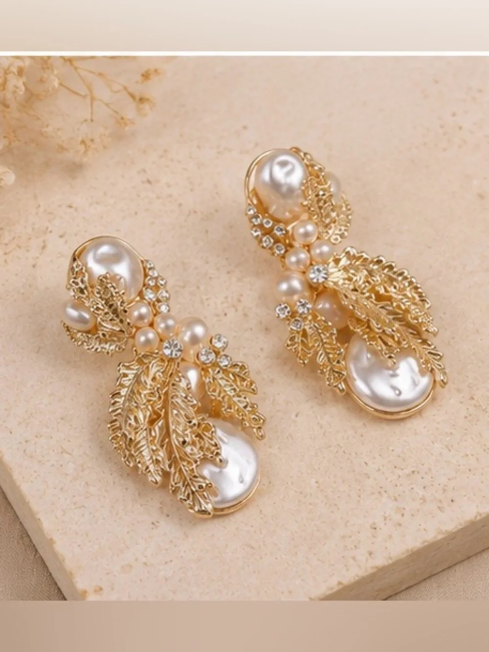 Gold Pearl Leaf Statement Earrings | Vintage Botanical Crystal Drop Earrings